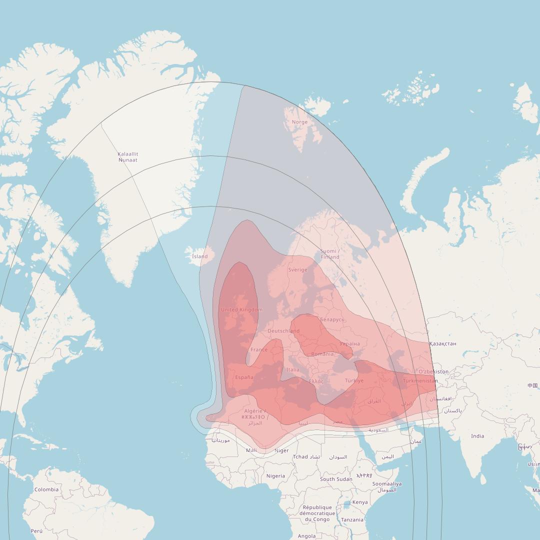 Telstar 12V at 15° W downlink Ku-band Europe and Middle East beam coverage map