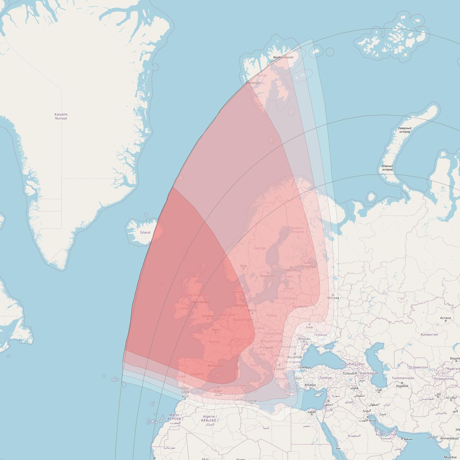 Al Yah 1 at 53° E downlink Ku-band Europe beam coverage map